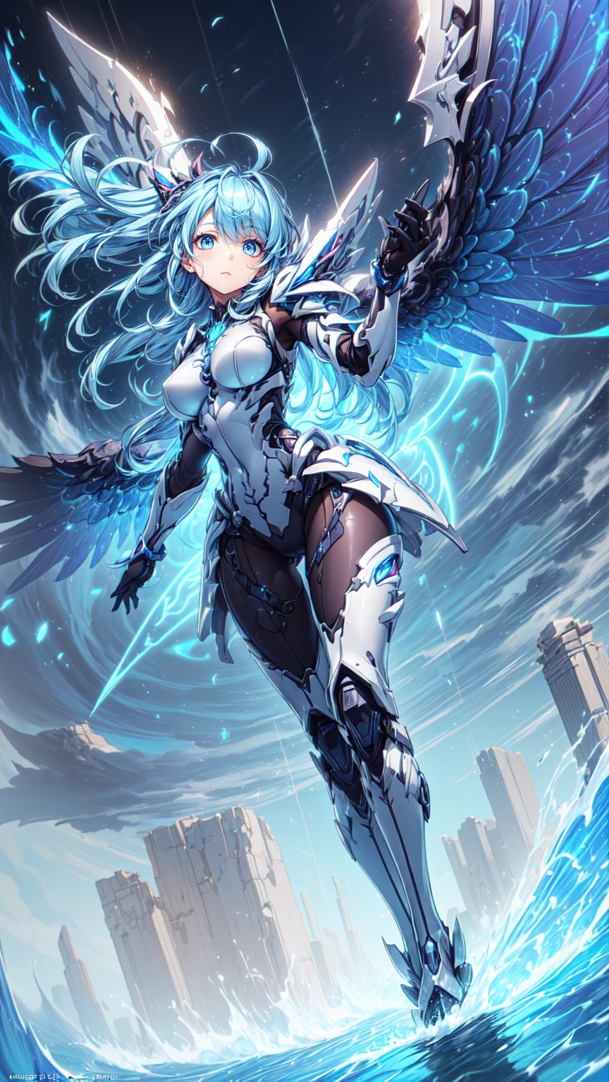 ((masterpiece:1.2)), ((highest quality)), detailed metal texture, detailed cloth texture, extreme detailed description, (T-maste piece), super fine illustration, highly detailed face, raw photo, professional, ultra-fine painting, perfect anatomy, real, ((Solo)), ((Mecha Angel Beautiful female wizard in costume)), Beautiful breasts, Concept art, (Combat pose), Detailed fantasy art, (Beautiful shiny silver hair), (Has large wings), ((mecha:1.4))Smooth and menacing design, (Sapphire blue mechanical magic wand exclusively for marshals), (Marshal's exclusive sapphire blue magic attack weapon armament), ((action pose)), ((marshal exclusive pearl white and sapphire blue magic attack weapon armament type armor dress), starry sky, other world, Magic Circle, no robot, (NSFW)