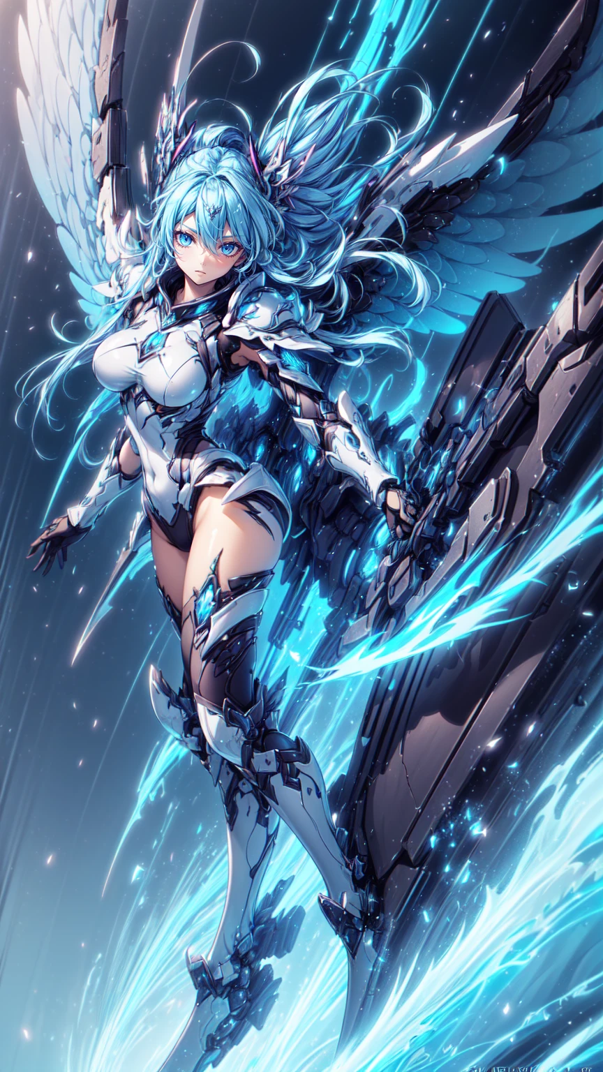 ((masutepiece:1.2)), ((Highest Quality)), (Ultra High Resolution), superfine illustration, Highly detailed face, Raw photo, Professional, Ultra-fine painting, Detailed metal texture, Detailed Cloth Texture, Perfect Anatomy, real, (Solo), ((Beautiful woman dressed as a mecha angel)), Beautiful breasts, concept-art, (Battle Pose), Detailed Science Fantasy Art, (Beautiful and shiny silver hair), ((has beautiful and symmetrical special attack weapon type mechanical wings)), (Beautiful blue eyes), (Detailed beautiful eyes:1.6), (mecha:1.6)Sleek and menacing design, (action pose), (Marshal's exclusive pearl white and sapphire blue special attack weapon type armor dress), Starry sky, NSFW, no robot