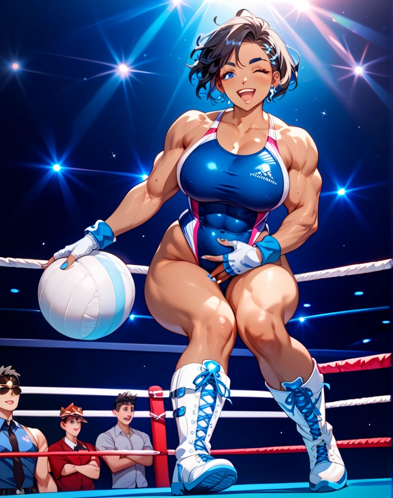 masterpiece, best quality, feMorgan, 1girl, white tank top, jean shorts, ((Tight leotard)), ((sexy pose)), ((Wrestling ring)), smile, fixing hair