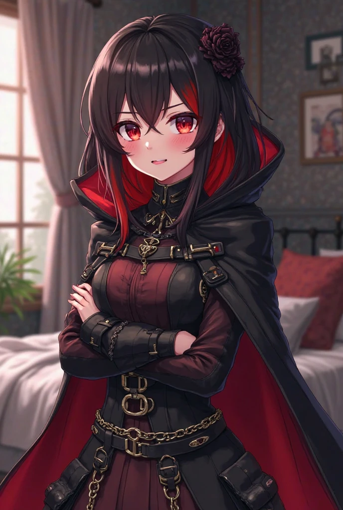 expressive eyes, perfect face, highly detailed, serious face, high resolution, 1girl, black hair, long straight hair, red eyes, (black commander latex cloak), (black thigh-highs), ((red hair strand)), on the bed, cute pose, (short black miniskirt), (masterpiece), best quality, nsfw, black panties