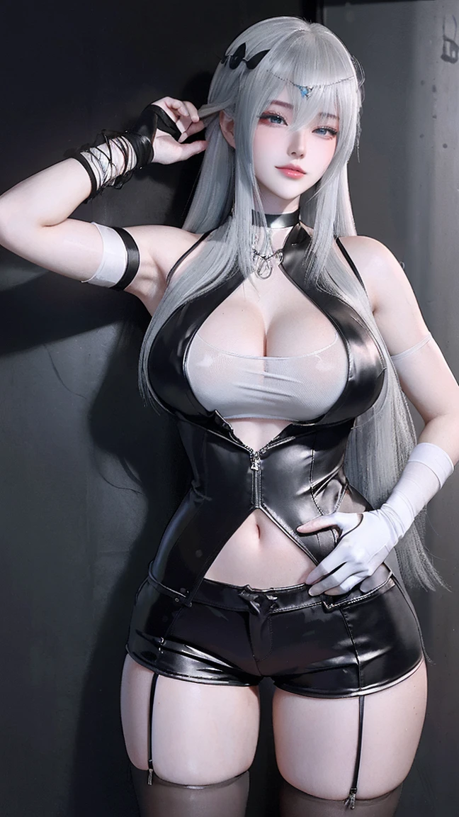(under boob:1.5),1girl, bangs, bare shoulders, black pants, breasts, breasts squeezed together, gray background, hair between eyes, long hair, view viewer, pants, parted lips, red eyes, shirt, background, sleeveless, sleeveless shirt, solo, turtleneck, V-arms, gray hair, (shiny skin), (masterpiece: 1.4), (best quality: 1.4), Facigirl, red lips, perfect abs, navel, (:1.5), (transparent areola), , huge, sweat, You have to make sure that it is not inappropriate for children and can be displayed