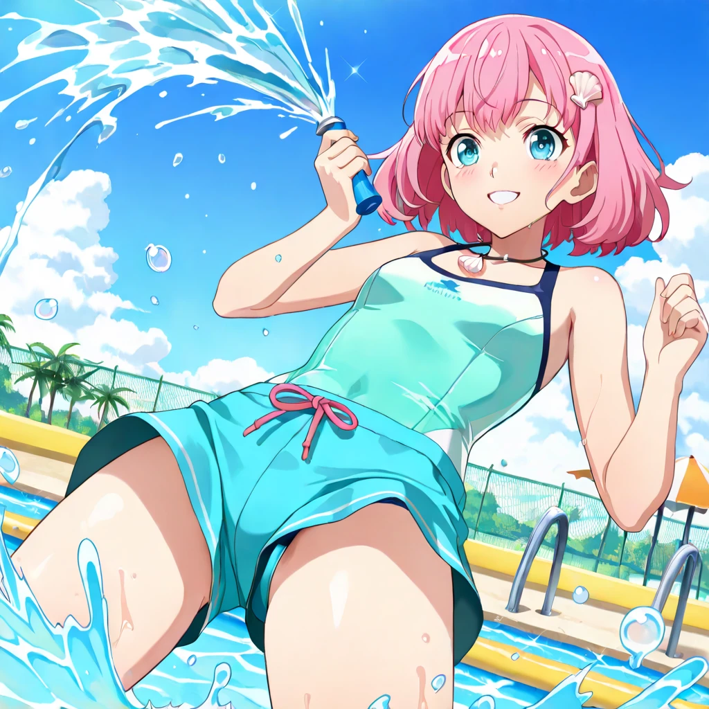 high quality, best quality, masterpiece, absurdres, riri hitotsuyanagi, swimsuit, 1girl, <lora:riri:0.75>, pool, sun, day, smile, solo