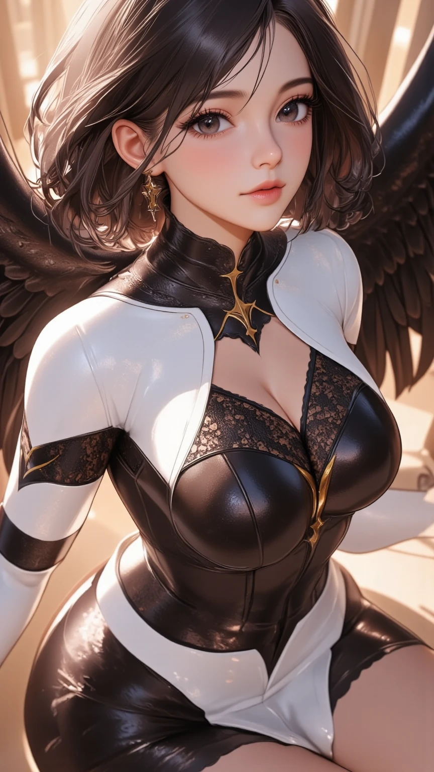 (Masterpiece artwork, best qualityer), details Intricate, Valkyrie, kawaii, (((cheerful grin))), Open your mouth and laugh, hands up, gazing at viewer, Feather helmet, natta, (((Red flower garden))), sitting down, 18 year old ,
1 girl in, standing alone, realisitic, ultra detali, (shining skin:1.4), absurdrez, 苗条, dynamic lighting, high resolution, sharp focus, depth of fields, detailedeyes, sharp pupils, realisitic pupils, (breasts big:1.6), (thick-thighs:1.0),
portraite, swept bangs, Bblack hair, droopy eyes, Crimson thighs, Deep Red Detached Single Sleeve, robot joints, Deep Red Gloves, Deep Red Bodysuit, Deep Red Reinforced Suit, Closed feather wings, pantyhose, Deep Red Full Armor, flower decoration,