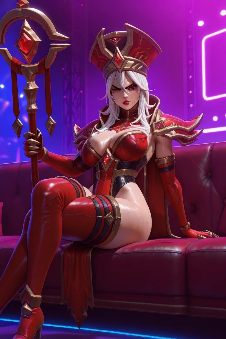 (masterpiece, high quality:1.1), extremely detailed, ambient,
SallyWhitemane, 1girl, solo, mature female, temptaiton,
determined, eat your soul, medium breast:1.5, seduction,
white hair, long hair, jewelry, (eyeshadow:1.3),
hat, shoulder armor, (two-tone leotard:1.2), gold trim,
red background,