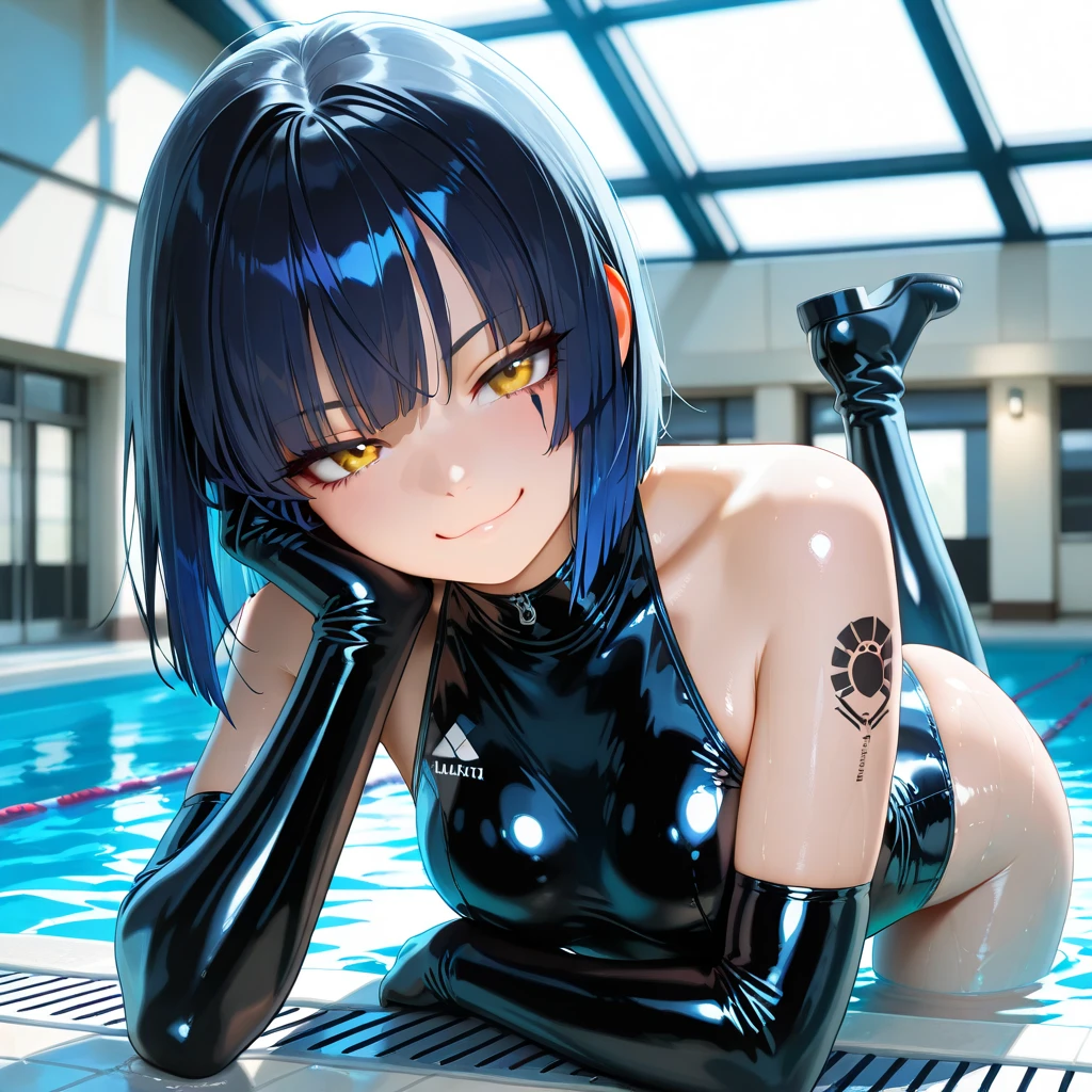 camel toe:1.4、Sweat、(((long gloves:1.3)))、brown loafers、black calf length socks、Open your thighs wide to the left and right、squat on the ground、show off your crotch to the viewer, ((latex old school swimwear:1.3、sit, spread your legs:1.3, arm behind head ))、、absurd、bob hayne hair、flat lighting、elevation angle、sexy pose、highest quality、Complex、surreal、perspective, very detailed, detailed background, shape、1 girl、alone、small breasts、light smile, embarrassing, blush, (((Pool side))), (Sweat),