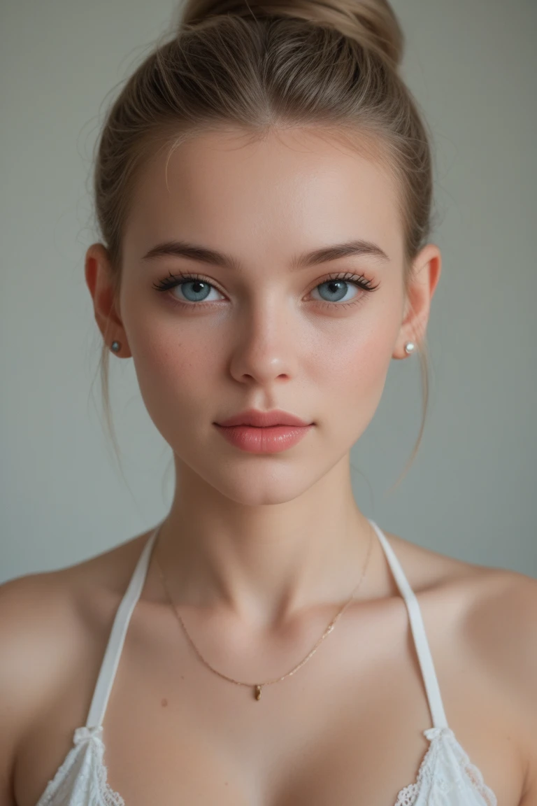 <lora:ViktoriaTishko_v1-000013:.9> ViktoriaTishko, focus on eyes, close up on face, hair styled Straight Messy Bun