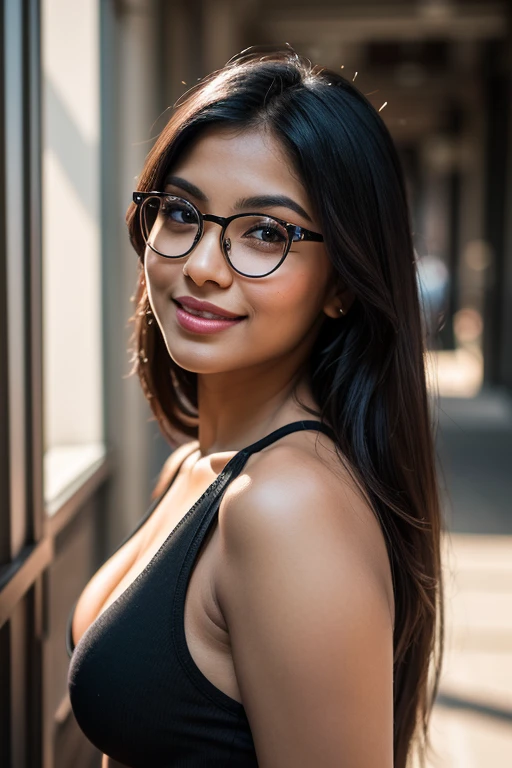 beautiful detailed, cute face, short, mexican teen, medium black hair, black hair over one eye, glasses, long-sleeved tucked in v neck T-shirt, long pants, pearshaped wide hips, solo, voluptuous breasts,