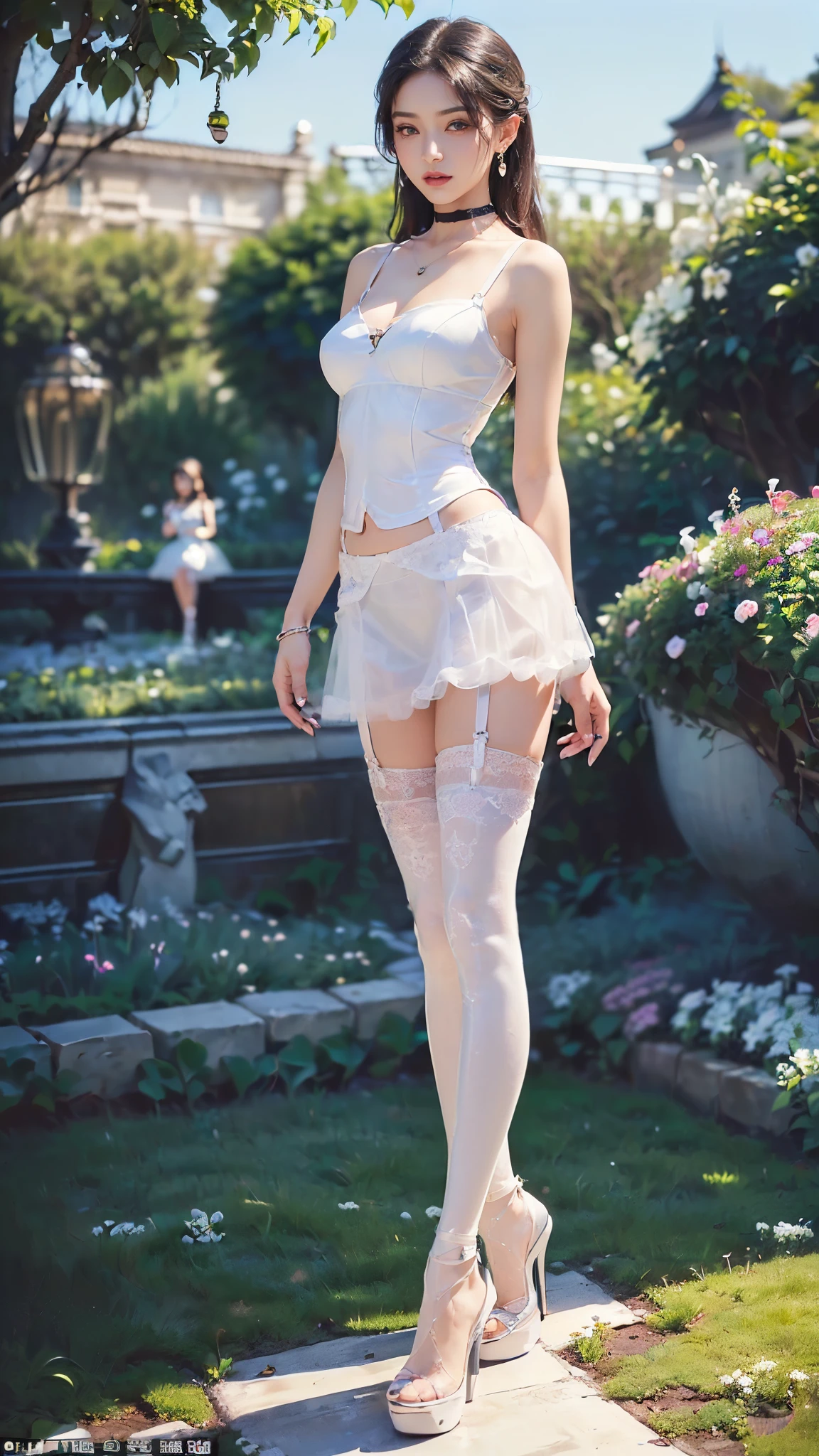 ((morning, excellent, 8K, masterpiece: 1.3)), full body, 1.7m long legs, focal length: 1.2, perfect body: 1.4, slim abs: 1.1, ((dark brown hair: 1.2 )), (pink dress miniskirt, white suspender stockings, white high heels: 1.2), (park: 1.3)), highly detailed face and skin texture, detailed eyes, double eyelids, exposed breasts, plump buttocks, pouting ass, coquettish movements