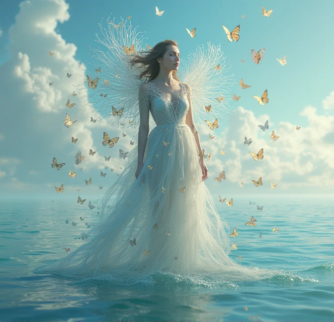 A whale with 3 sets of enormous colorful butterfly wings, flying through dreamy skies, a cute woman lying on the beach watching its majestic flight, best quality, 4k, 8k, highres, masterpiece:1.2, ultra-detailed, realistic, photorealistic, photo-realistic:1.37, HDR, UHD, studio lighting, ultra-fine painting, sharp focus, physically-based rendering, extreme detail description, professional, vivid colors, bokeh, fantasy, surreal, dreamlike, enchanting, magical, whimsical, vibrant colors
