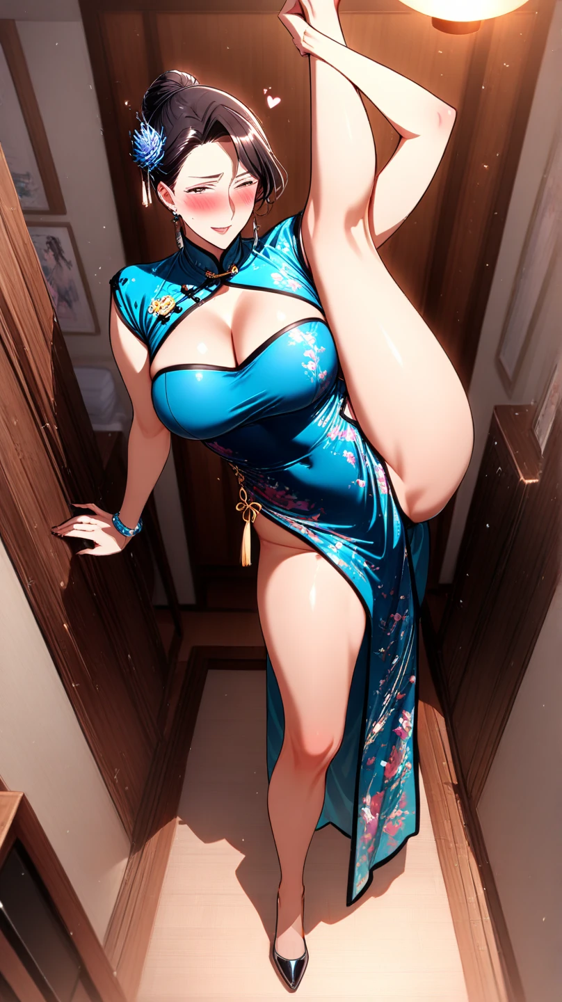 身穿cheongsam的中国女人, Very detailed decorations, (((masterpiece))), ((best quality)), ((Complex and meticulous)), ((Surrealism)),, Absurd, milf, Mature woman, view, Very detailed, illustration,, (Dynamic poses), Perfect hands, Detailed fingers, Beautiful and delicate eyes, Hairstyle, Brown eyes,(cheongsam:1.2), earrings, Detailed background, Perfect eyes, Seductive eyes, permanent,( whole body:1.6),(Look at it from the front:1.2) ,高叉cheongsam,