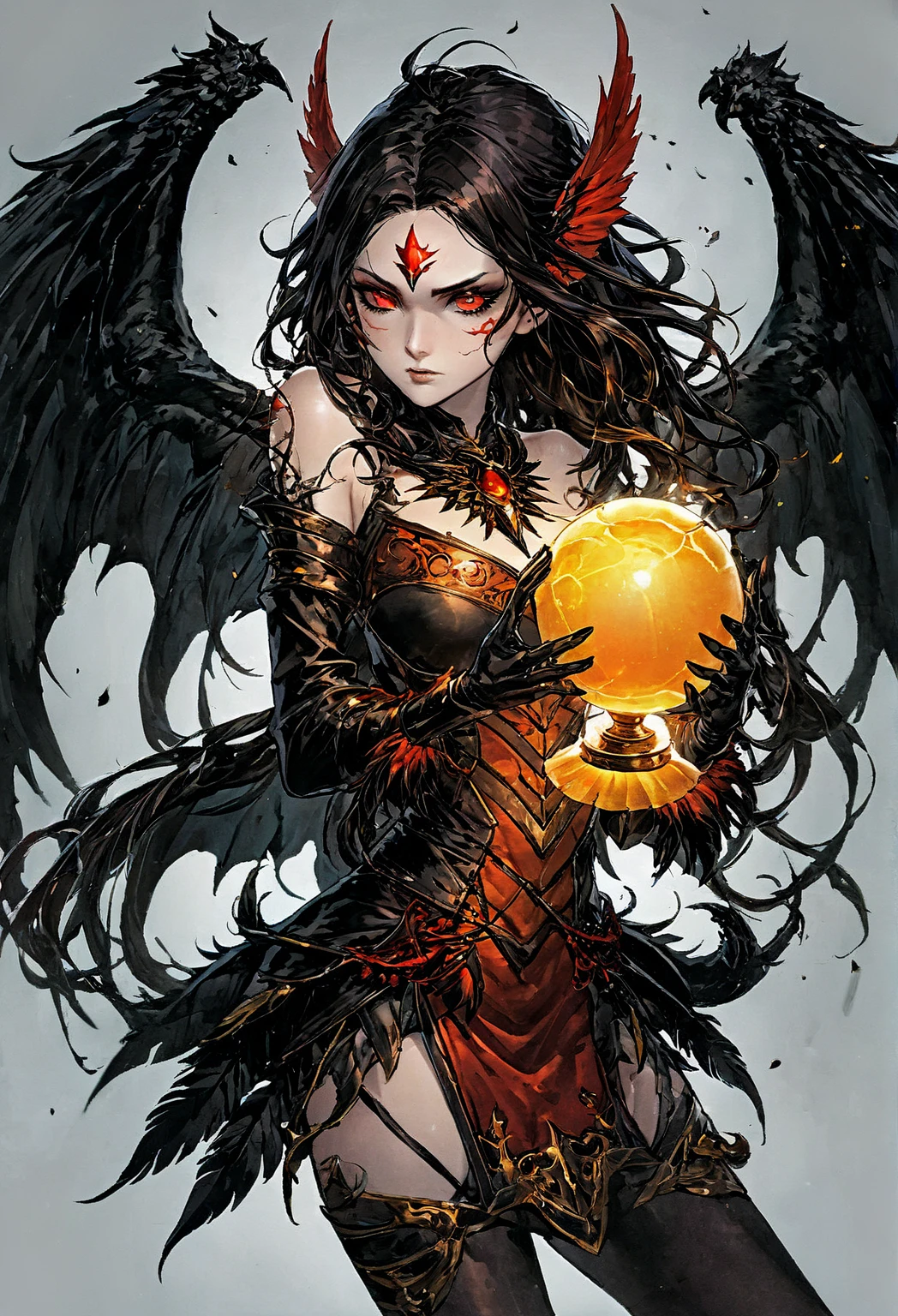 Simple dark magic background , horror scene , Beautiful female devil , Red magic glowing eyes , The magical red glowing orb is held in both hands at the same time , The female demon stared at the sphere , Black big wings , hyperdetailed face , (Ultra detailed scene) , (Ultra-fine balls) , (ultra beautiful face) , (ultra detailed hands) , (Ultra-delicate wing) Blood splattered on the body, Pale face , Crimson lips,Camel toes,Thin gaps , yoga pants, xenomorph body , Red magic around her , Magic spinning,