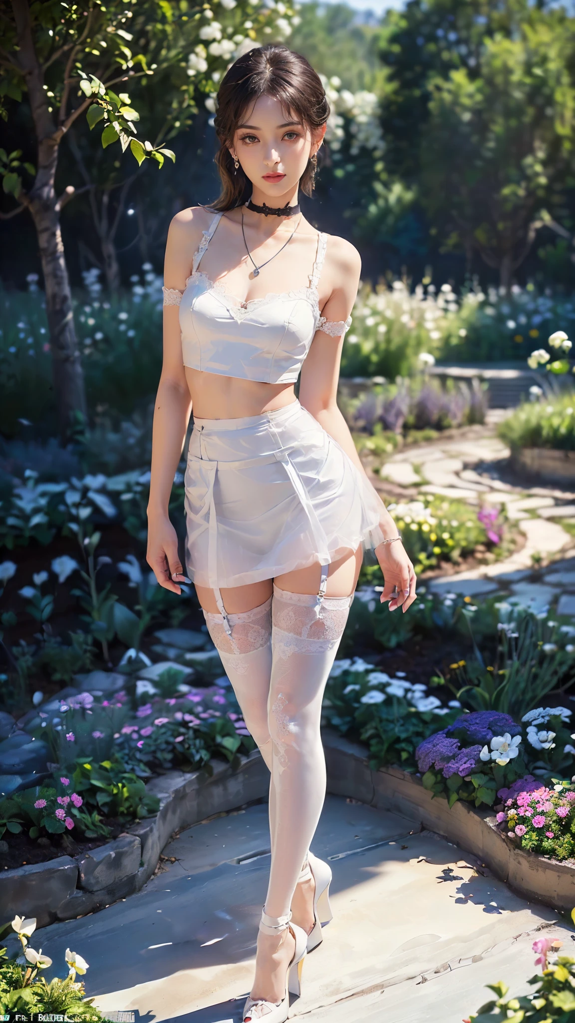 (Extreme Detail CG Unity 8K wallpaper, masterpiece, highest quality), (exquisite lighting and shadow, highly dramatic picture, cinematic lens effect), (Leeloo: 1.4), delicate facial features, charming smile, star eyes, ((dark green hair)), tight top, white gloves, mini skirt, dynamic pose, lying in the garden), (background in a garden full of flowers) (excellent detail, outstanding lighting, wide angle), (excellent rendering, enough to be proud of its kind)