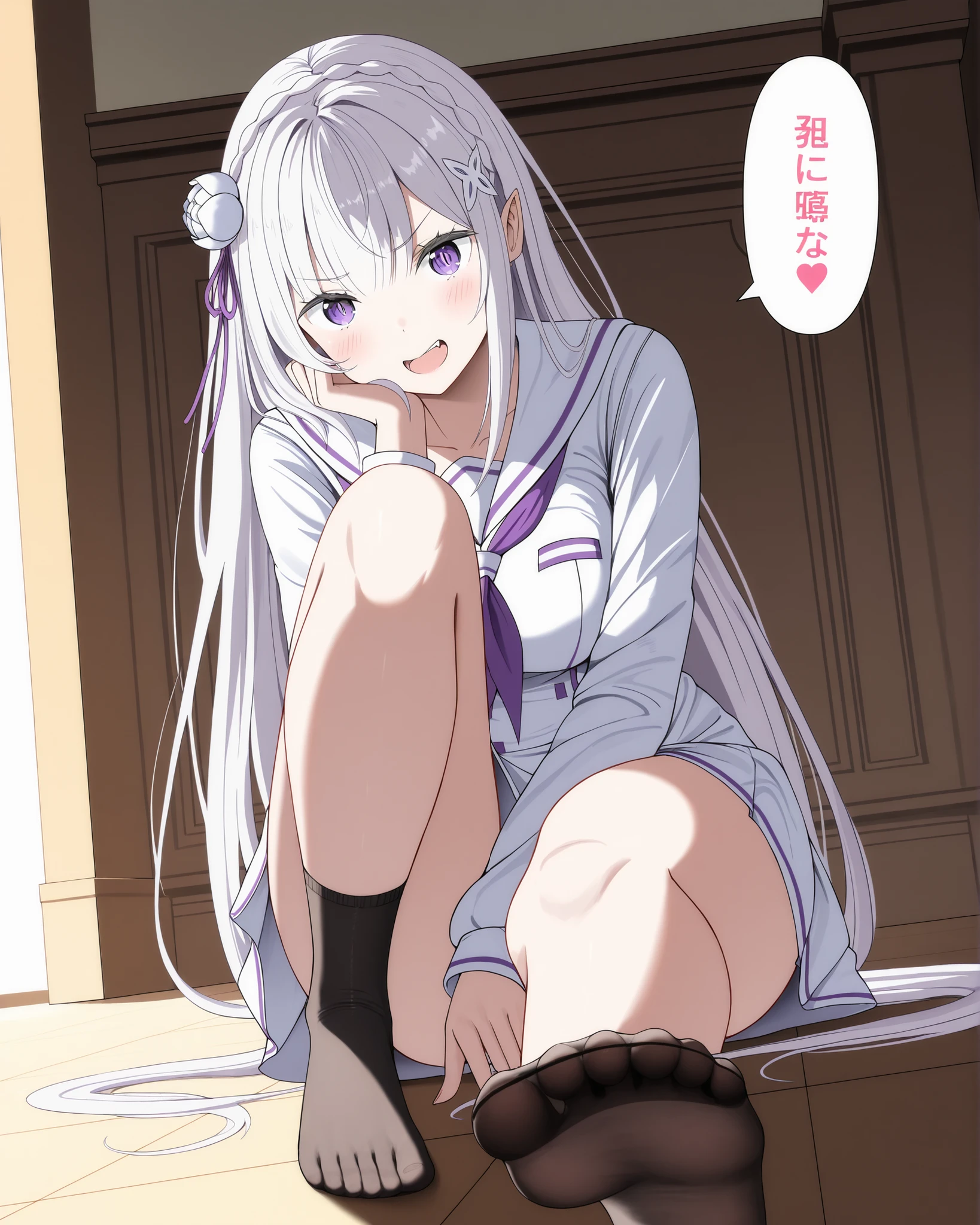 masterpiece, excellent quality, best quality, is absolutely glamorous, ridiculous results, high resolution, en yeni, Inside, 1girl, (Full length view from head to toe), re:zero sits in a seductive pose while showing her sexy feet in the foreground while Emilia sits in a seductive pose, angry expression , happy expression bubble, sailor uniform, sitting pose, solo, standing, (overdetailed CG), perfect lighting, ( sharp image ), dynamic angle