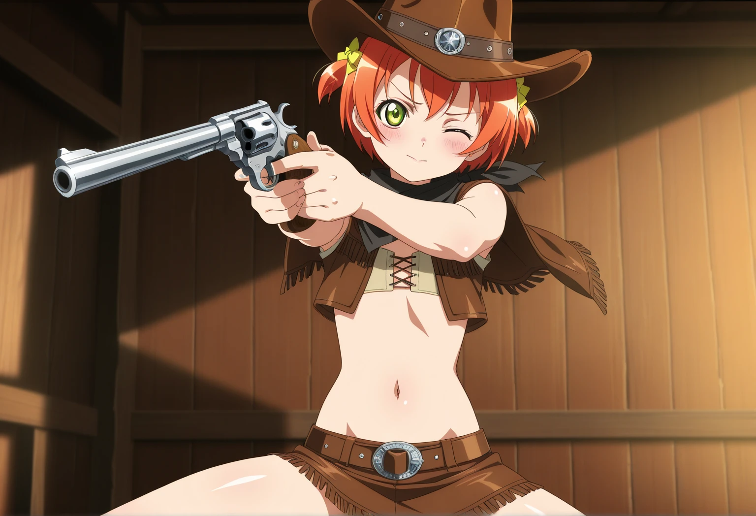 (((NSFW:1.6))),(((Nude:1.6))),score_9, score_8_superior, score_7_superior, とてもbeautiful, sauce_anime, detailed, high quality, beautiful, masterpiece, detailed eyes,((White monochrome background)),((Alluring face:1.2)) Hat Adjustment,Redhead, ponytail, blue eyes, freckles, Side Lock,Watch on wrist,(((brown gun belt:1.5))),Cowboy hat, Cowboy boots, PDXL ,((Full Body Shot:1.8)),((Drunk:1.5))