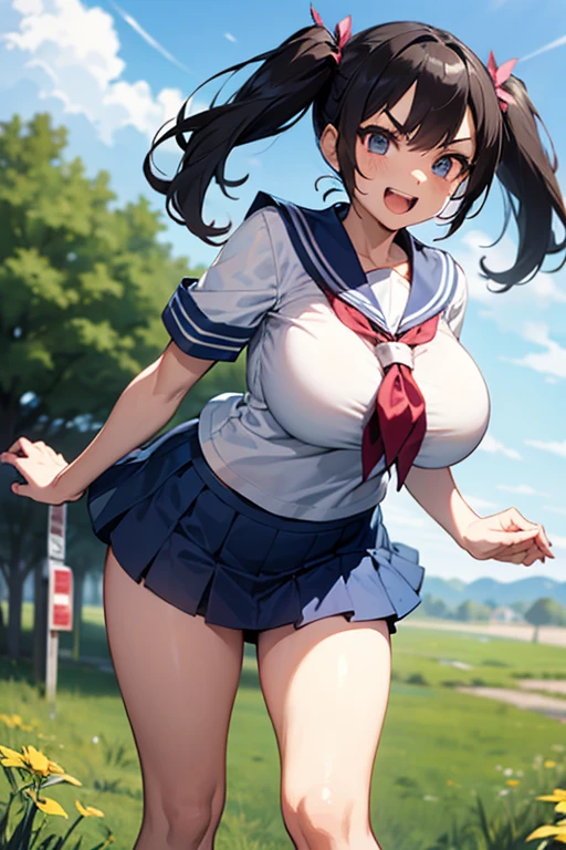 ung_tee子、ロリ、wn_hr、medium_bob_hair、blue_midriff_baring_sailor_uniform、mini_skirt、short_sleeve、太もも、big_tits,closed_eyes, 笑顔、open_mouth、立っている,harbor_background、spread_legs、幸せ、NSFW、short_gloves, wet,transparent,covered_nipples, covered_crotch, under_tits, sweat, bare_thighs, (groin:1.5), bare_waist,tan,