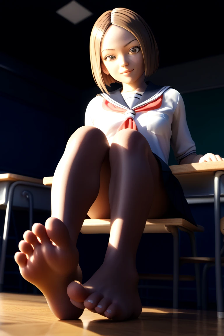 Full body, Skater skirt( pink), High heel boots, high waste skirt, skater skirt, pleated skirt, waste high skirt, belt, free shoulder dress, off shoulder, sitting, ((crossed legs)), sitting cross legged, legs crossed, ((sitting on desk)), desk, smile, seductive, nsfw, crop top, yellow hair