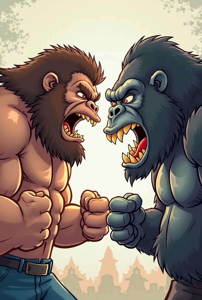 Cartoon Simian and Cartoon Baboon dressed like WWE tag-team wrestlers APA
Cartoon Simian head. Cartoon Simian face. Cartoon Simian arms. Cartoon Simian hands. Cartoon Simian has Short Black head hair. Cartoon Simian has Short black beard. Cartoon Simian has black mustache. Cartoon Simian is Muscular. Cartoon Simian is wearing a Black T-shirt, black wrist tape, black pants, and black wrestling boots.
Cartoon Baboon head. Cartoon Baboon face. Cartoon Baboon arms. Cartoon Baboon hands. Cartoon Baboon has Long black hair. Cartoon Baboon has black mustache. Cartoon Baboon is Muscular. Cartoon Baboon is wearing a Black T-shirt, black wrist tape, black pants, and black wrestling boots.
Both are standing in a wrestling ring.