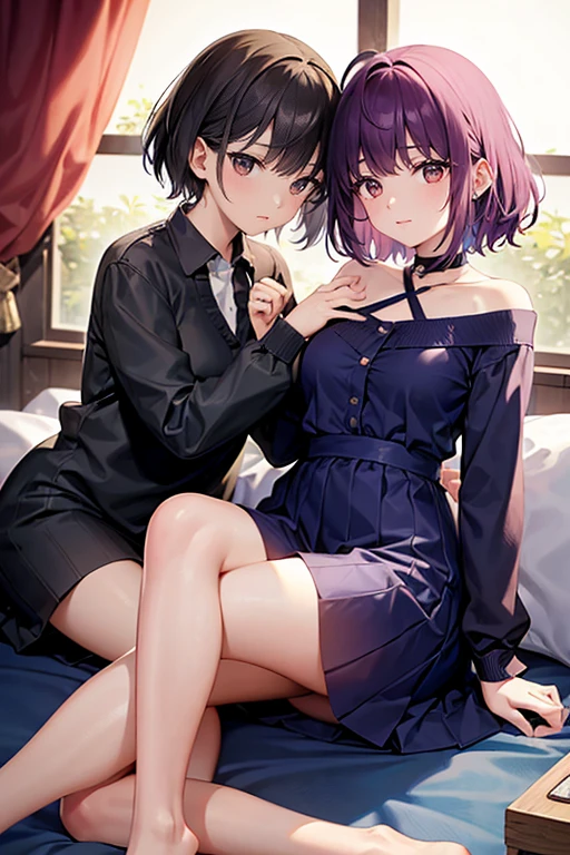 (sister and brother),A woman with big ,A boy with short hair,They wear the same clothes,Clever,blush,living room,(nsfw:0.8),