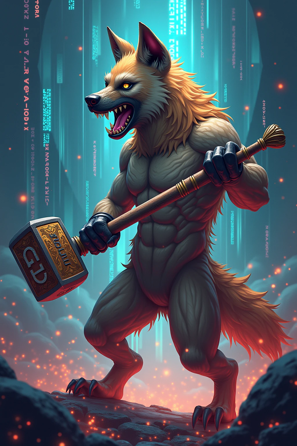 Yorkshire terrier transforms into Thor holding the hammer from which a lightning bolt comes out