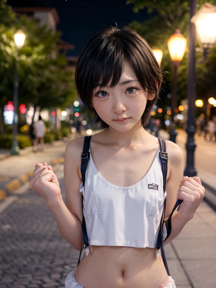 ((perfect anatomy:1.5,realistic:1.3,RAW photo:1.3,masterpiece、highest quality、Ultra - High resolution、High resolution、Detailed CG、8K)),cowboy shot,1 female,alone,dancer,18-year-old、high school girl beautiful girl,Japanese,((beautiful detailed face and eyes:1.2,big and gorgeous eyes:1.2,gray eyes)),dark brown hair,short bob hair,bangs,medium breasts,slender body,small head:1.3,skinny,(oily skin,glowing skin,shiny skin、Sweat),、plaid pleated mini skirt,on the road,Harajuku、Tokyo、