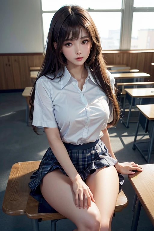 ultra highres,(reality: 1.4),highest quality, masterpiece, high detail, 16K quality, beautiful, 1 beautiful girl,japanese,super beautiful face,baby face,japanese idol face,cute face,super detailed face,detailed hand,beautiful skin,sweaty skin,big eyes,smile,profeccional lighting,long hair,brown hair,brown beautiful eyes, white shirt, open button,cleavage,checked skirt,(skirt lift),sitting with knee up,spread legs,(((showing panty))),medium breasts,black high socks,she is looking at the camera,classroom,nsfw,from below,