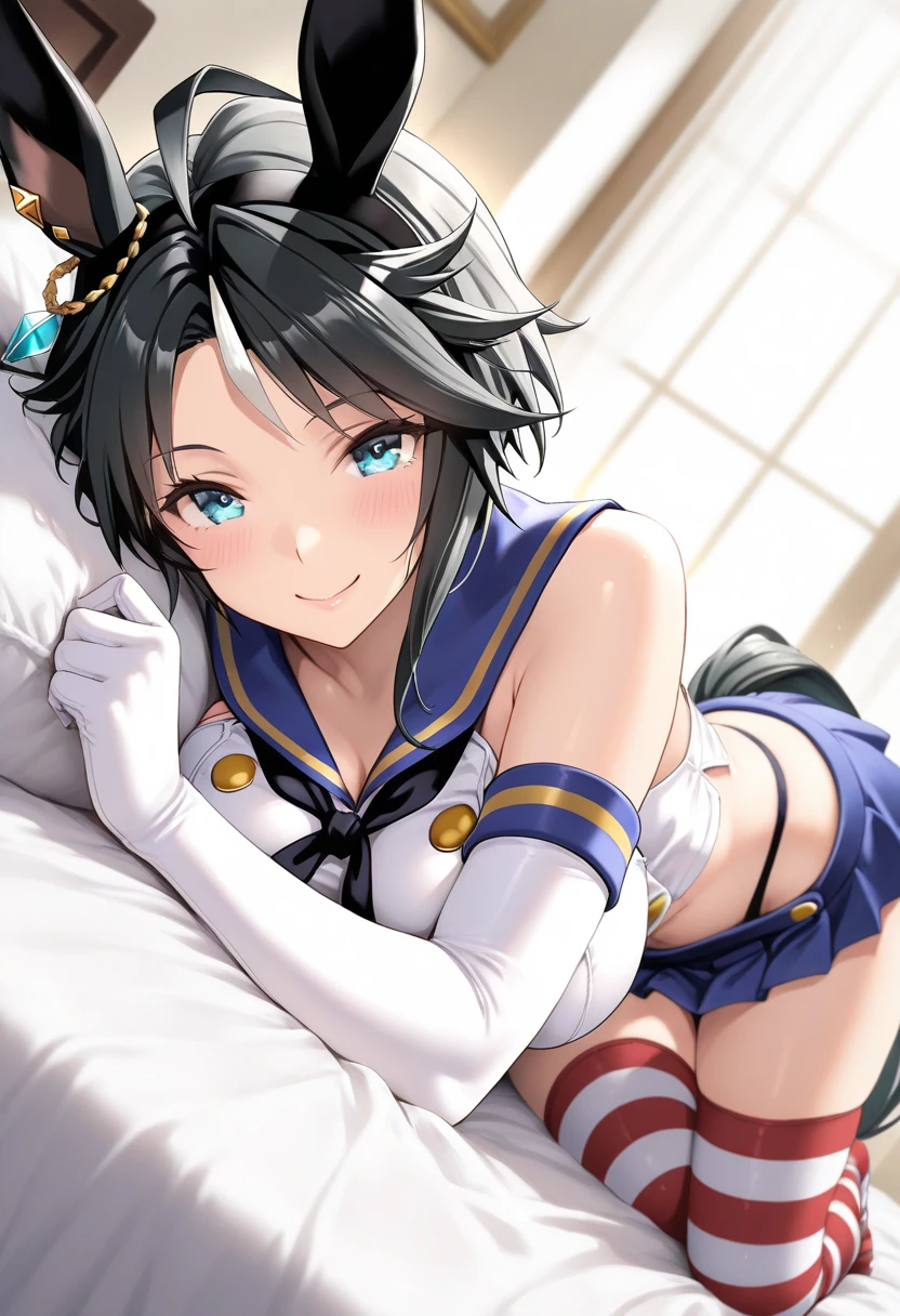 1girl, solo, long hair, breasts, looking at viewer, smile, bangs, blue eyes, black hair, gloves, long sleeves, ribbon, cleavage, hair between eyes, bare shoulders, twintails, jewelry, medium breasts, closed mouth, collarbone, full body, hair ribbon, pantyhose, lying, 
 <lora:fantasy_anime_v1:0.7>