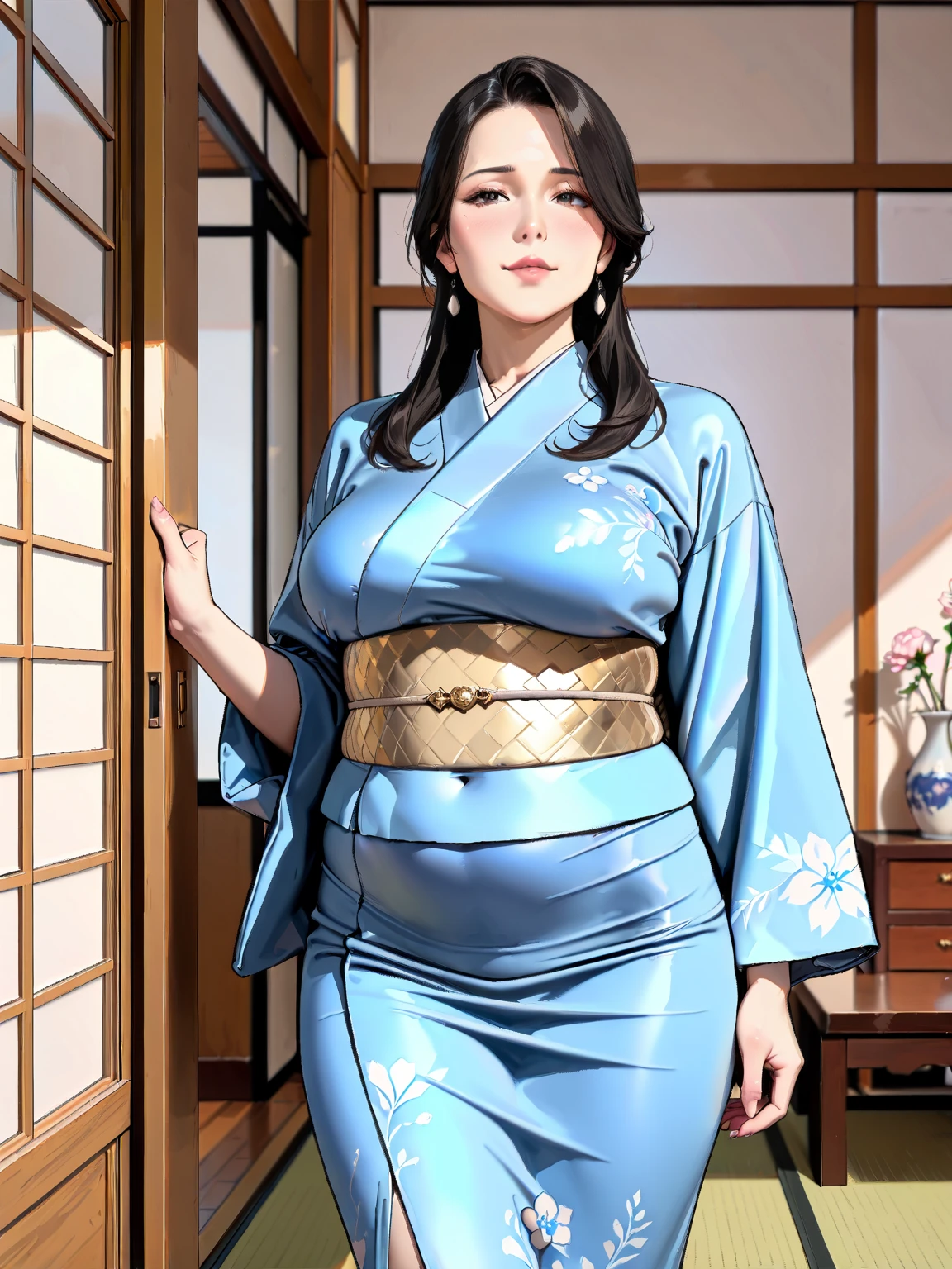 1 girl, glasses, big breasts, yukata, loose hair, looking at you, open the door for you, smiling, blush, detailed face, beautiful eyes, long eyelashes, detailed lips, detailed skin, intricate details, elegant, beautiful lighting, cinematic, warm colors, soft focus, photorealistic, masterpiece, 8k, ultra-detailed, (best quality, 4k, 8k, highres, masterpiece:1.2), ultra-detailed, (realistic, photorealistic, photo-realistic:1.37)