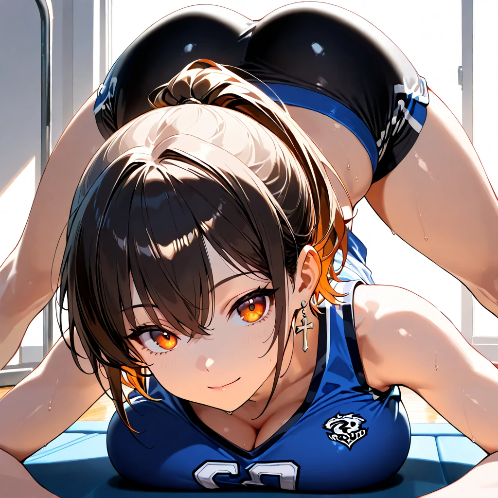 masterpiece),(ultra-detailed), (high quality), (high resolution), (best quality:1.5, highres, UHD), highres, absurdo, ultra detail, ultra quality, Ultra resolution, 16k, ((2heads:1.5)), 1girl, ((anime girl with two heads)), ((black hair)), ((female wrestler)), ((blue crop top)), exposed midriff, blue hot pants, wrestling ring, wrestling, ((blue outfit)), sexy wrestler