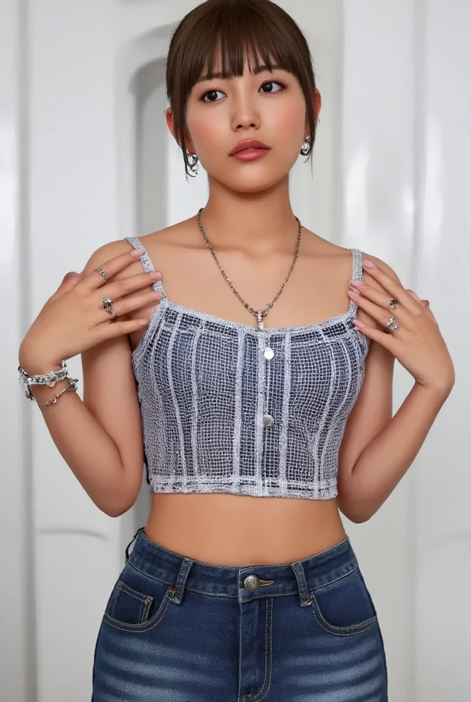 (1girl:1.3), Solo,_ Kim Ji-ni Jennie Face, wearing blue armband sweater, cropped with white bandeau underneath, pale green shorts, sexy, cute, white socks, background campus, full body photo, looking at the audience, world-weary face, cold eyes, Korean style photo photo, photography lighting, strong contrast, sunlight on the face, world-weary face, high-end sense, 8k resolution image, intricate symmetry details. Smooth action, full picture.