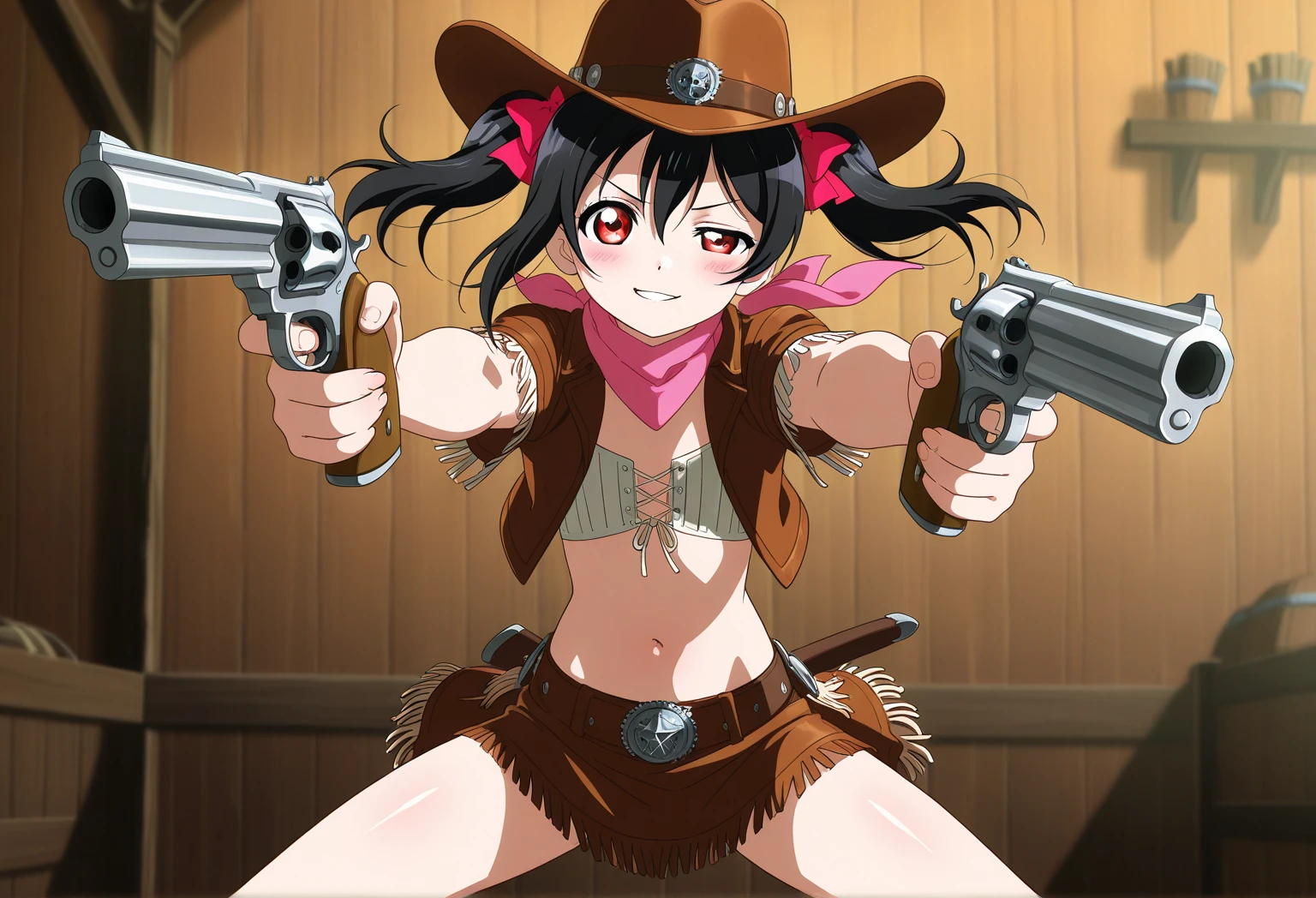 (((NSFW:1.6))),((Nude:1.6)))(((1 person:2.0))),(((naked:1.2))),(((brown gun belt:1.8))),((Brown cowboy hat)),((Wear a metal watch on your wrist:1.8))),(((Showing cleavage))),(((Exposed thin inner thighs))),(((Small breasts:1.5))),(((nakedの腕))),(((Her hair is brown))),((Blushed:1.2)), Beautiful detailed girl, Very detailed目と顔, 緻密でBeautiful Eyes, Very detailed, High resolution, Highest quality, masterpiece, Very detailed, 8k wallpaper, wonderful, finely, Highest quality, The light shines on your face,,(Standing in front of a wooden wall),Beautiful Eyes,((Engage your audience:1.2)),,Above the knee shot,((Are standing:1.2)),((Place your right hand on your chest:1.2))