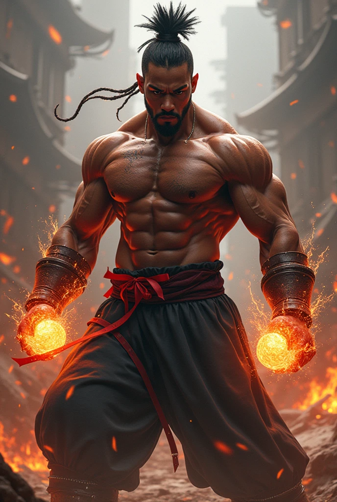 black man, bald, strong, with axe in hand, crown, African God, orixá, xangô, red dress, fire, lightning --auto --s2