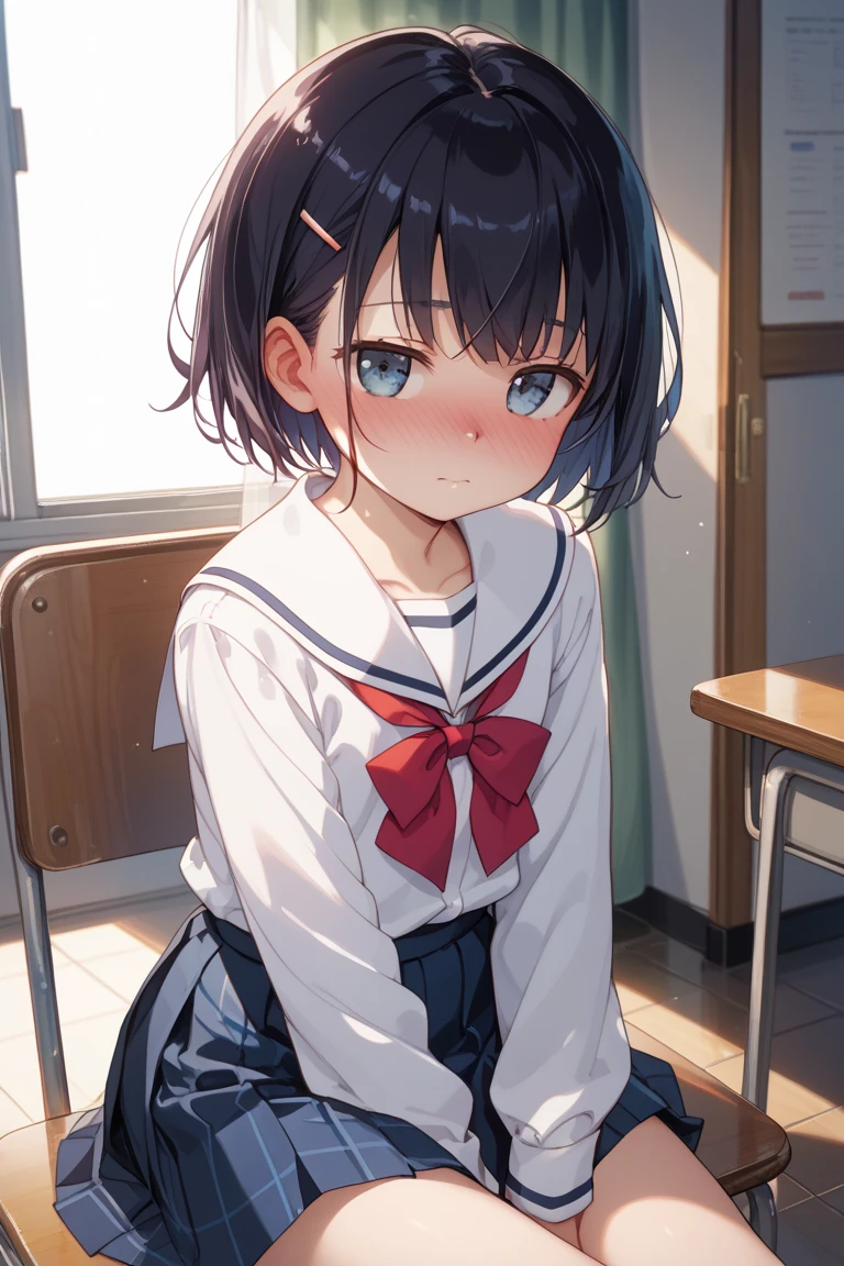 nsfw,alone, (One girl), Elementary school girl,single,  , ((White panties)), (wearing only the top half of sailor school uniform), Sailor with un-folded hems,  sexy, (Cowboy Shot),  ((Put your arms behind your head)), classroom, With a girl：Her hair is long and black, Her face is round and cute, Black Hair, Low twin tails, (Are standing),(Shy, Embarrassing),（(pussy juice)）、I&#39;m not wearing a skirt,Wet crotch、