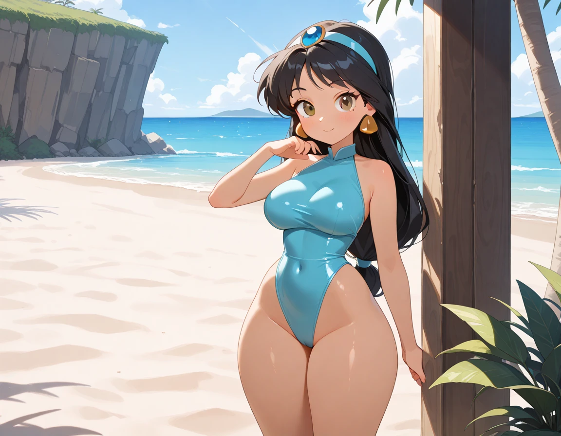 the legend of korra, masterpiece, best quality, 1girl, solo, dark skin, dark-skinned female, black hair, bare shoulders, blue eyes, short hair, looking at viewer, <lora:the_legend_of_korra_offset:1> at the beach