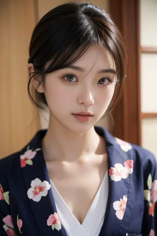 ((Beautiful Japanese woman)),((Small breasts)),, (8k, highest quality, masterpiece:1.2),(Realistic, photo-Realistic:1.37),Very delicate and beautiful,8k,In detail,Beautiful details,highest quality,Ultra-high resolution,((Very detailed)),(photo-Realistic:1.37),(((Black Short Hair)))、((Moles in the corners of the eyes))、(Thin eyebrows)、((double eyelid))、((Tear bags))、Fine skin、((yukata))、room、((Golden ratio of the face))、(Beautiful curves)、Beautiful décolletage、Random Pause、From the knee up