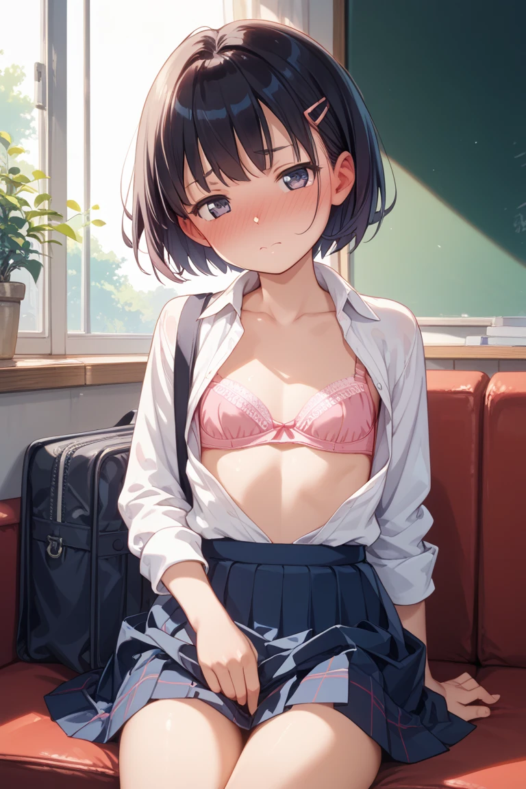School、In the classroom、Sitting in a chair、Girl、Girl、Short、Younger、Lower school year、Baby Face、flat chest、Dynamic Angle、masterpiece、best quality、ultra-detail、Great Khan、The air conditioner is broken、Summer sunshine、Miniskirt、Panties、bra、Spreading legs、Looks hot、Raise one leg、The desks are lined up、corridor、window、Seems like a hassle、Complaining、There are several classmates behind me.、Clothing、Untidy appearance、Her chest is exposed、Wide Stride、Fan、With his mouth open sloppily