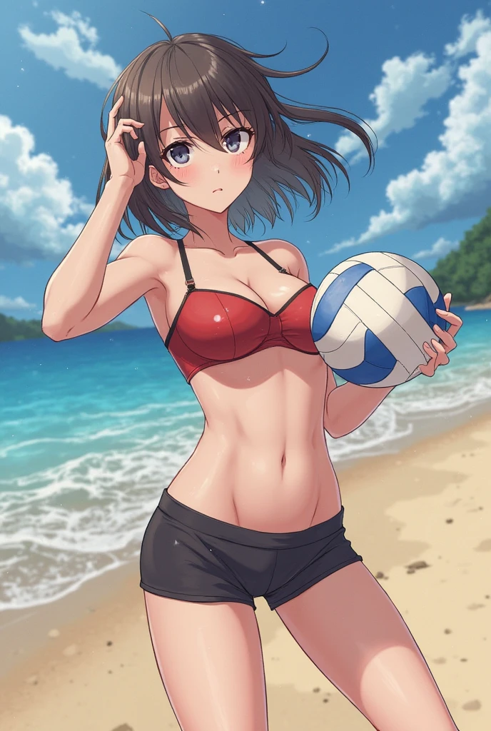 Woman, Athletic and toned body, light skin tone, long black hair tied in a ponytail, green eyes with a penetrating and seductive look, breasts big, exciting look, Beachwear, blushed face, haikyuu, ((single image)), In the background there is a sand volleyball court, ((summer night starry sky)), both hands on the thigh, body slightly curved forward, showing bra cleavage