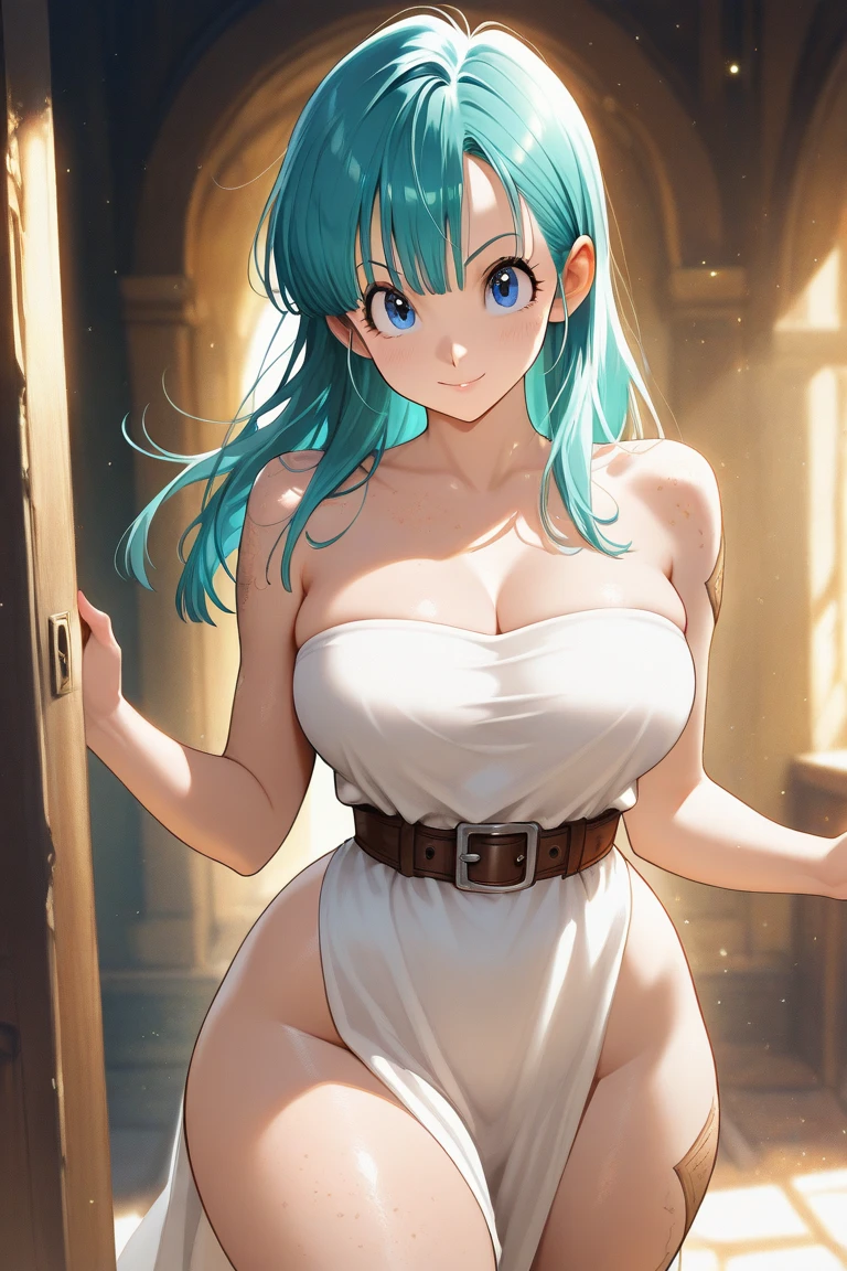 Bulma blue eyes.huge breasts. Straight hairstyle ,bbw. bbw. White Latex Sexy Swinsuit