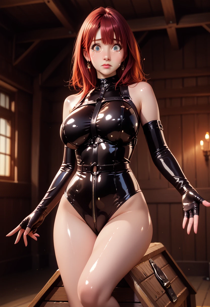 8k, Ultra Macro Photography, ((Bowsette)), (huge breasts), latex outfit, shiny/glossy latex, long sleeves one piece outfit, hyper black latex, long hair, long bangs, defined thick thighs, NSFW, hentai, perfect makeup, (detailed eyes), turquoise eyes, cherry red hair, loose hairstyle, eyelashes, :o, bedroom, ((standing)), (eyes looking at viewer), leaning forward, bend down, black horns