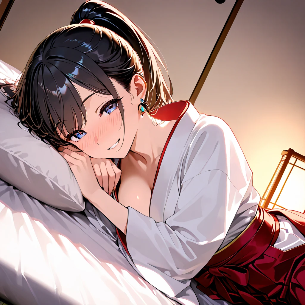 masutepiece, ultra-quality, Super Detail, Perfect drawing, beautiful girl in loincloth, Japan outfit, ((Sleep with your eyes closed)), Prone、Big ass, Beautiful Girl, Samurai, in yukata, Black ponytail, Hair tied up with a large red ribbon,blush (0.2), The wind is beautiful,Elegance, Beautiful background, Accurate drawing, detailed drawin