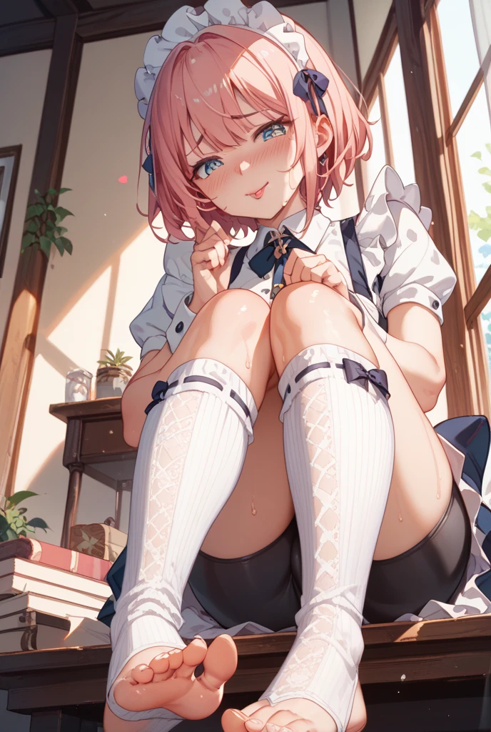 The image shows an anime-style girl with pink hair seated in a bright, sunlit room. She has striking blue eyes and her hair is styled in a short, wavy bob with bangs. She's taking a selfie with a smartphone, holding up a peace sign near her face, which is a common pose for such photos.
She's dressed in a stylish outfit that includes a white blouse with a sailor-style collar, accented with blue and adorned with a bow. The blouse has long, loose sleeves with gold buttons, giving it a chic, uniform-like appearance. She's also wearing a pleated skirt, though only the hem is visible.
The girl is wearing dark tights and is seated with her legs bent, one foot tucked under the other knee. A small teddy bear with a red ribbon is positioned by her leg, adding a cute and cozy element to the scene.
The room appears to be modern and airy, with a large window that allows plenty of natural light to filter in, contributing to the image's vibrant ambiance. Overall, the image has a cheerful and playful tone, capturing a moment of casual, everyday life.
<lora:LinieV1:0.8>,lineye,1girl,solo,short twintails,hair between eyes,pink hair,medium hair,(demon horns:1.3),dark red hair ribbon,pointy ears,purple eyes,<lora:add_detail:0.3>,<lora:è°æ´colorful_V1_lbw:0.4>,, Exquisite visuals, high-definition,masterpiece,best quality,Exquisite visuals,high-definition,masterpiece,best quality,18yo,Young female,Beautiful Fingers,Beautiful long legs,Beautiful body,Beautiful character design,