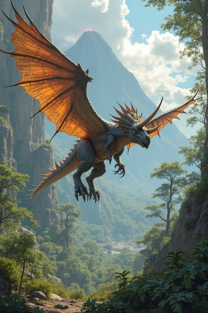 A pterosaur flying in the sky,A masterpiece of ultra-fine detail, Dynamic, excellent quality,aa Mycelium Gust Light Dwarf Glavenus Flying Dragon, Wing spines, Medium bird legs, Feather tail, ral-mold