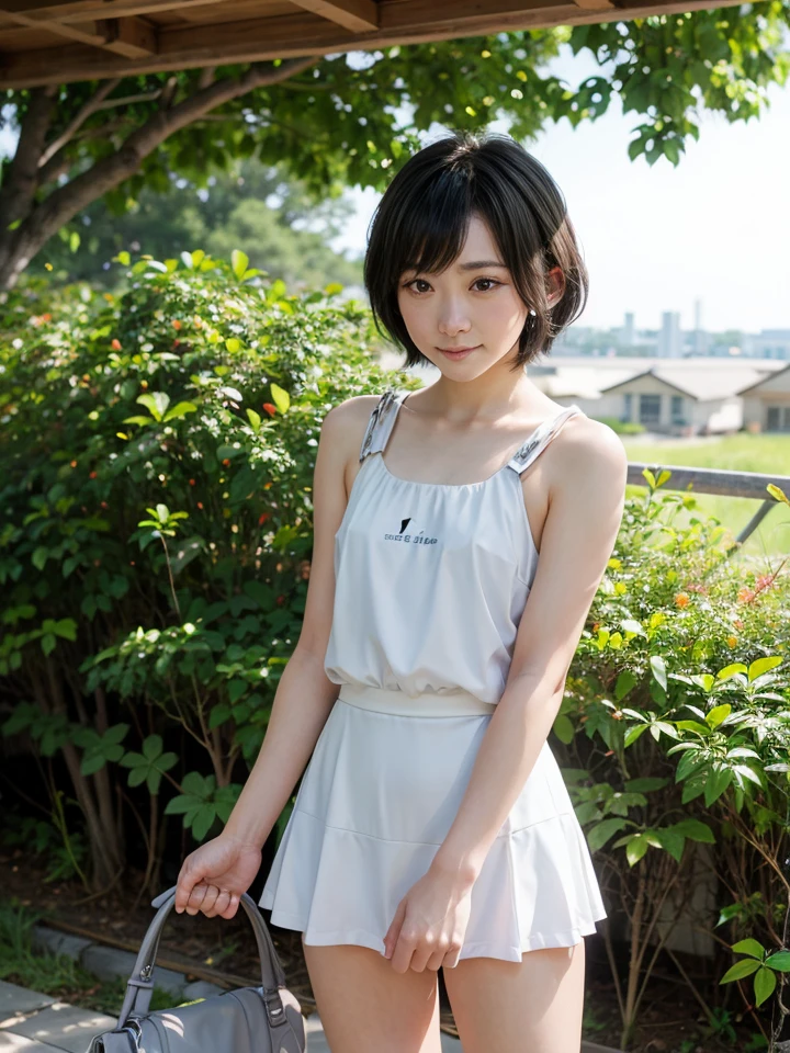 ((Best of the highest quality, 8k, Masterpiece: 1.3, raw photo)), Sharp focus: 1.2, (1 AESPA, slim body type female, 21 y/o: 1.1), (Solo: 1.2), (realistic, photo-realistic:1.37), face focus, cute face, finely eyes, (small breasts, flat chest, Thigh: 1.3), short messy hair, updo, bangs, (tank top, panties: 1.4), garden, flower