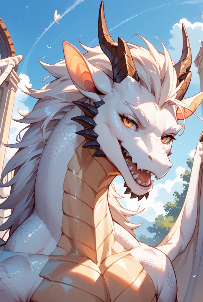 a drawing of a dragon with long hair and a tail, a color pencil sketch by Lucas Graciano, deviantart, fantasy art, curved horned dragon!, dragon with scars, dragon art, but as an anthropomorphic dragon, well designed female dragon head, dragon mawshot art, as an anthropomorphic dragon, amazing detail. colored, anthro dragon art