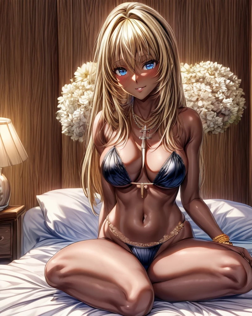 dark-skinned female+++++, detailed eyes, sparkling eyes, close-up , pink eyes, full lips, +thick lips, big breasts, blonde hair, pink highlights, piercing,,long hair, flat stomach, long eyelashes, lipgloss, smirk ,looking at viewer , HD++ , from above , septum piercing++, pink lingerie, pink lace , thong++ cleavage ,nipple slip, pink bedroom,+++ ,lace leg wear , on knees++ darkskin++
