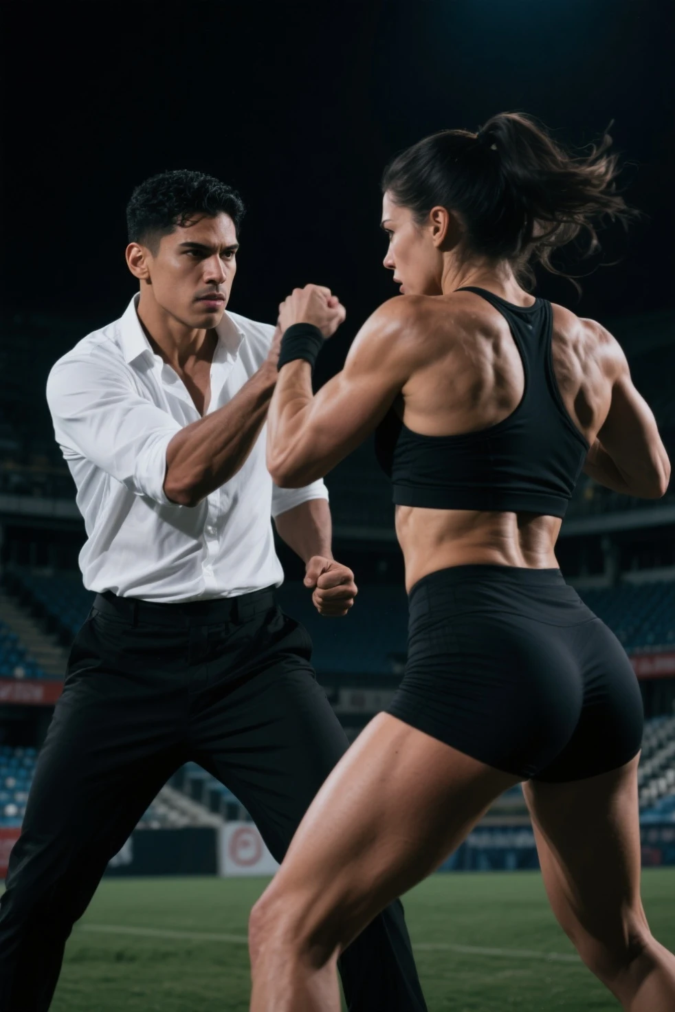 A Masculer body man,hairy chest,wearing Gym uniform,training young slim woman, wearing athletic wear,sindoor mangalsotra,doing pushups,smilling