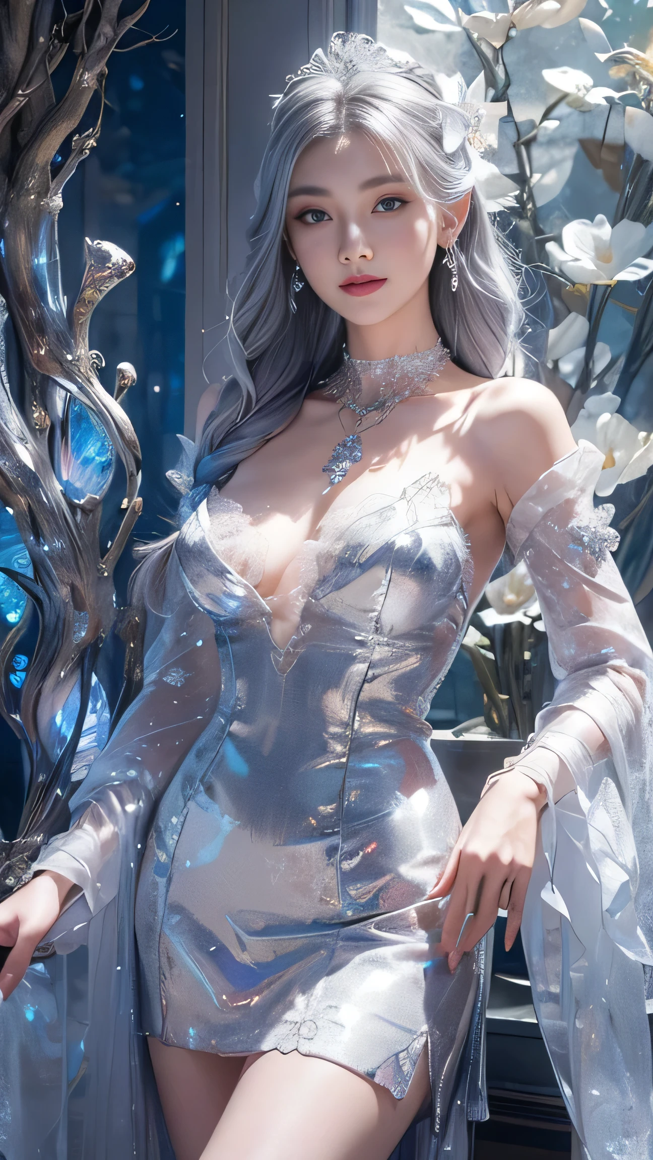 photorealistic, high resolution, 1women, solo, hips up, look at viewer, white hair, long hair, dress, ice queen, crown, jewelry, tattoo