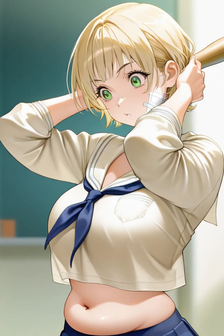 、(masterpiece、Highest quality)、Highest quality, Ultra-high resolution, (((masterpiece))), alone, Sweat、Big eyes, Composition from the front、Shortcuts、Embarrassed face、Blonde Hair、Cut your hair short、School classroom、Sailor suit、skirt、short hair、Browsing Caution、Upper body naked、Breasts exposed、Nipples、Large areola、Sitting in a chair without a backrest、Internal Medicine Examination、Woman showing her body、belly button、真Composition from the front、School Insurance Office、curtain、cubicle、window、door、Fluorescent lamp