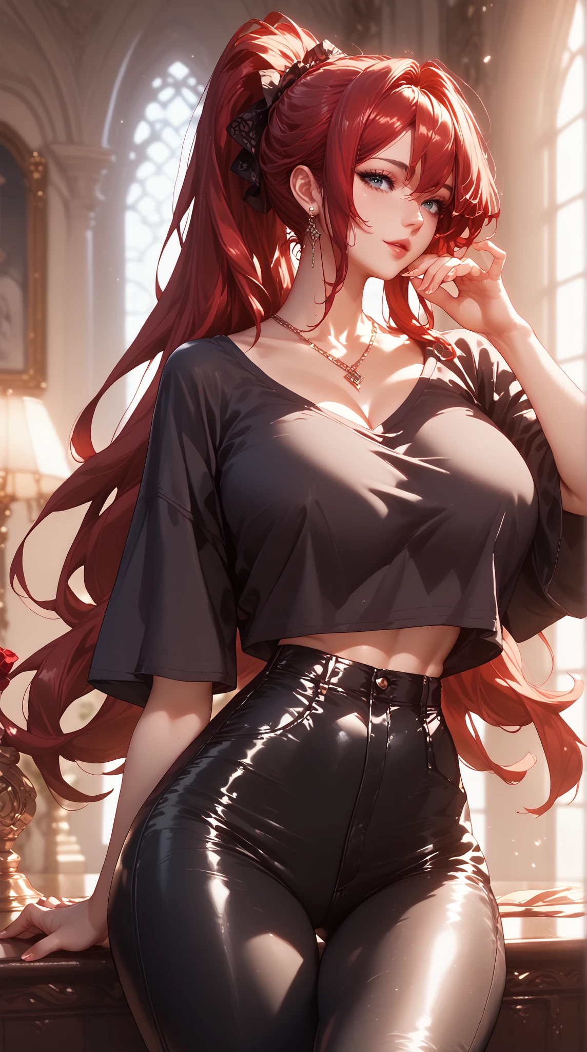 a cute girl, long wavy orange hair, blue diamond earrings, white diamond necklace, black shirt, black jeans, realistic anime, realistic anime 3 d style, realistic young anime girl, stunning anime face portrait, photorealistic anime, anime realism style, kawaii realistic portrait, realistic anime artstyle, beautiful anime portrait, realistic anime style at pixiv, realistic anime art style, hyper realistic anime, 3 d anime realistic, realistic, ultra detail