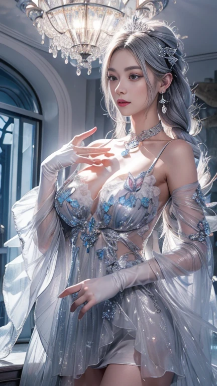 best quality, masterpiece, Big , (Large Breasts), Delicate skin texture, Detailed fabric texture, Delicate face, Super Detail, 8k, Intricate details, 1 Girl, 30 years old, High contrast, High resolution eyes, White hair goddess,Royal sister,Sexy。