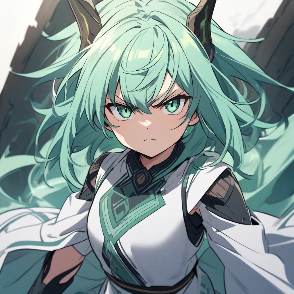 Green hair,Qi bangs,Brown fox ears,red pupils,Solid blue dress,Long skirt on the inside,Yellow top short-sleeved jacket,Wide white cuffs,Long sleeves on the inside,Cyberwind,Machine armour wind,Future wind,Tech style,